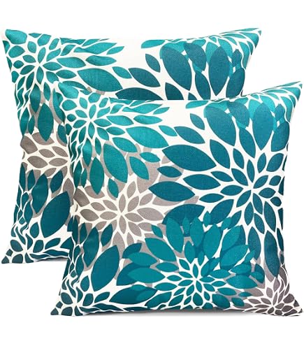 CXMEIFLY Teal Floral Pillow Covers 12x20 Inch Set Of 2 | Dahlia Pattern Throw Pillow Cases For Sofa Bed