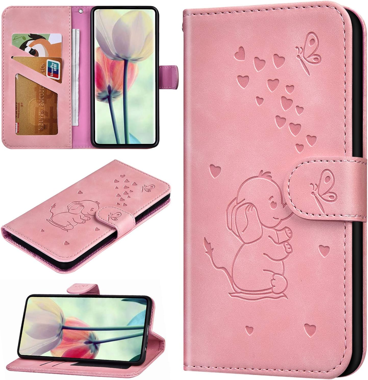 Robinsoni Case Compatible with Huawei P20 Phone Case PC Leather Wallet Phone Cover Shockproof Kickstand Case Notebook Elephant Printed Cover Flip Stand Retro Style Book Case Cartoon Animal Case Pink