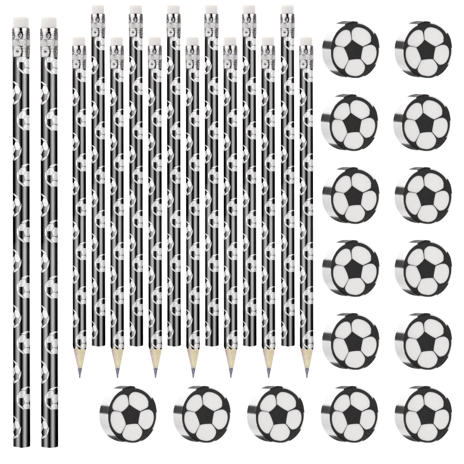 JIANTA 15Pcs Football Pencils With Eraser Tips, HB Graphite for Drawing, 15Pcs Soccer Eraser, Wooden Black Lead for Writing, Sketching & Drawing