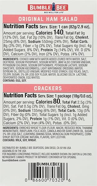BUMBLE BEE SNACK ON THE RUN! PROTEIN SNACK PACK – HAM SALAD WITH CRACKERS – 8G PROTEIN PER BOX – READY TO EAT EASY-OPEN CAN (PACK OF 1)