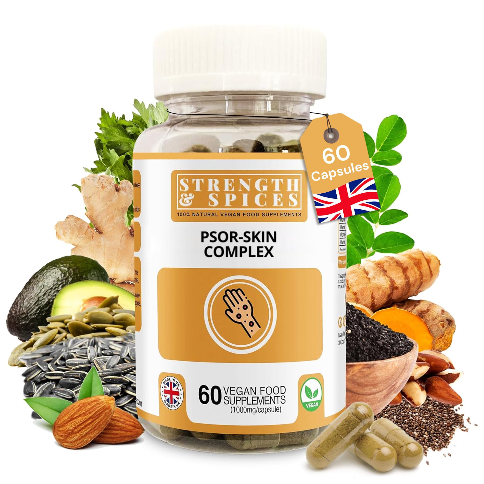 Strength & Spices Psoriasis Relief Skin Care Supplements, Immune System Booster with 31 Powerful Ingredients and Amino Acids, Soothes Red, Flaky Skin, 1000 mg, 60 Vegan Capsules