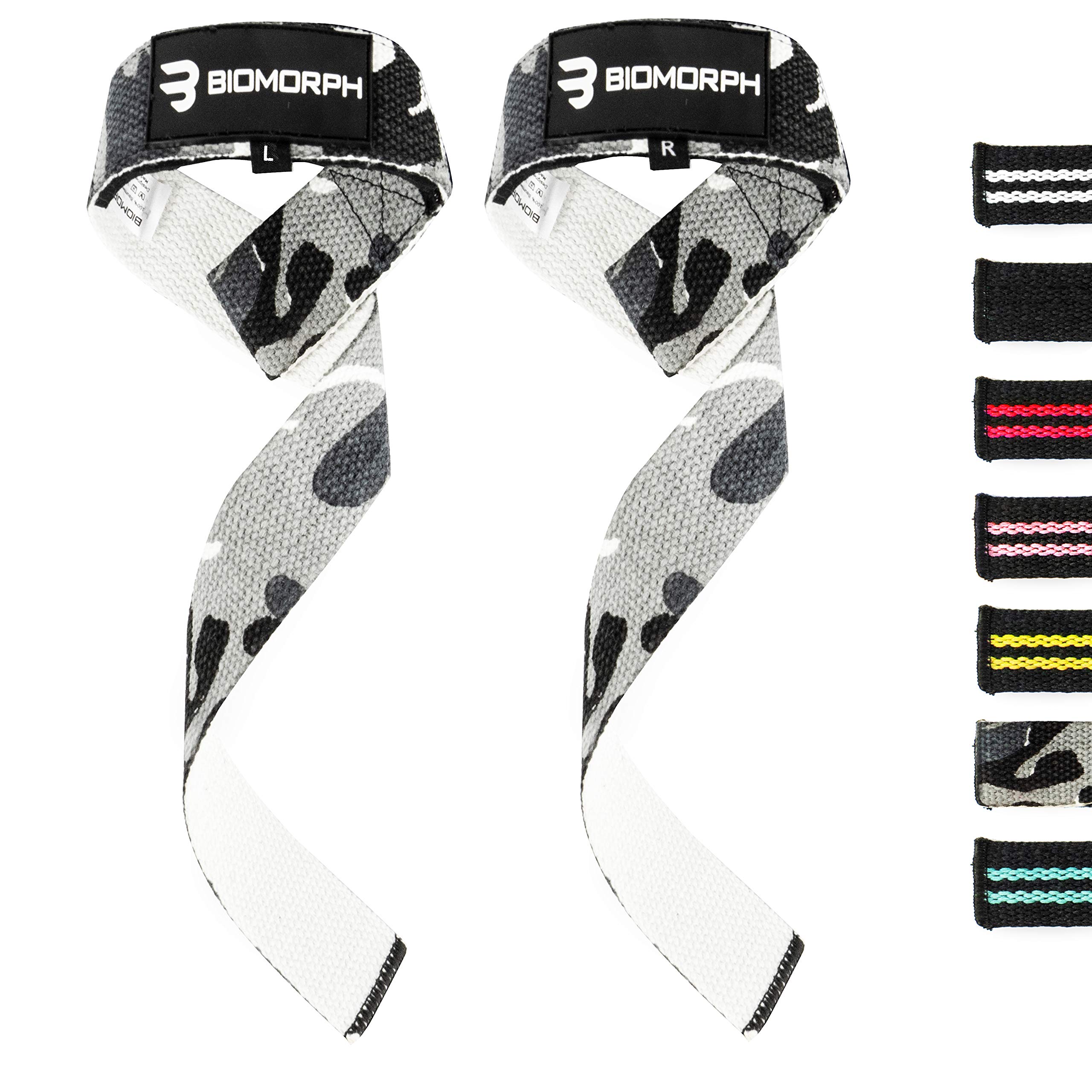 BIOMORPH Professional Lifting Straps 60 cm for Strength Training, Fitness, Bodybuilding (Extra Wide Padded) (Camo White) Lifting Straps for Men and Women with Instructions