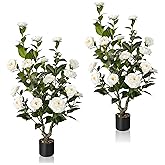 2pcs Artificial Camellia Tree 38 inch, Faux Plants Outdoor Artificial Flowers, White Tree with Planter Pot & 24 Flowers, for Home Indoor or Outdoor Decor