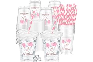 Domensi 50 Pcs One Silly Goose Birthday Party Plastic Cup 12 oz Pink Bow Goose Thick Clear Cup Mugs First Birthday Table Decorations Party Favor