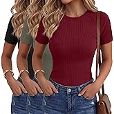Ficerd 3 Pack Women's Ribbed T-Shirts Short Raglan Sleeve Cotton Tight Basic Tees Crewneck Slim Fit Tops Casual Summer Shirts