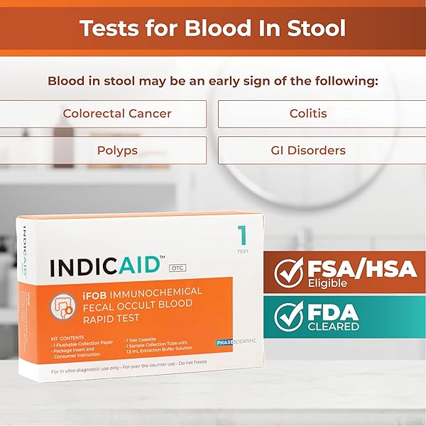 INDICAID IMMUNOCHEMICAL FECAL OCCULT BLOOD RAPID TEST (IFOB), FIT COLON TEST, ACCURATE AND EASY AT HOME, NO PREP REQUIRED, FSA/HSA ELIGIBLE (1 PACK)