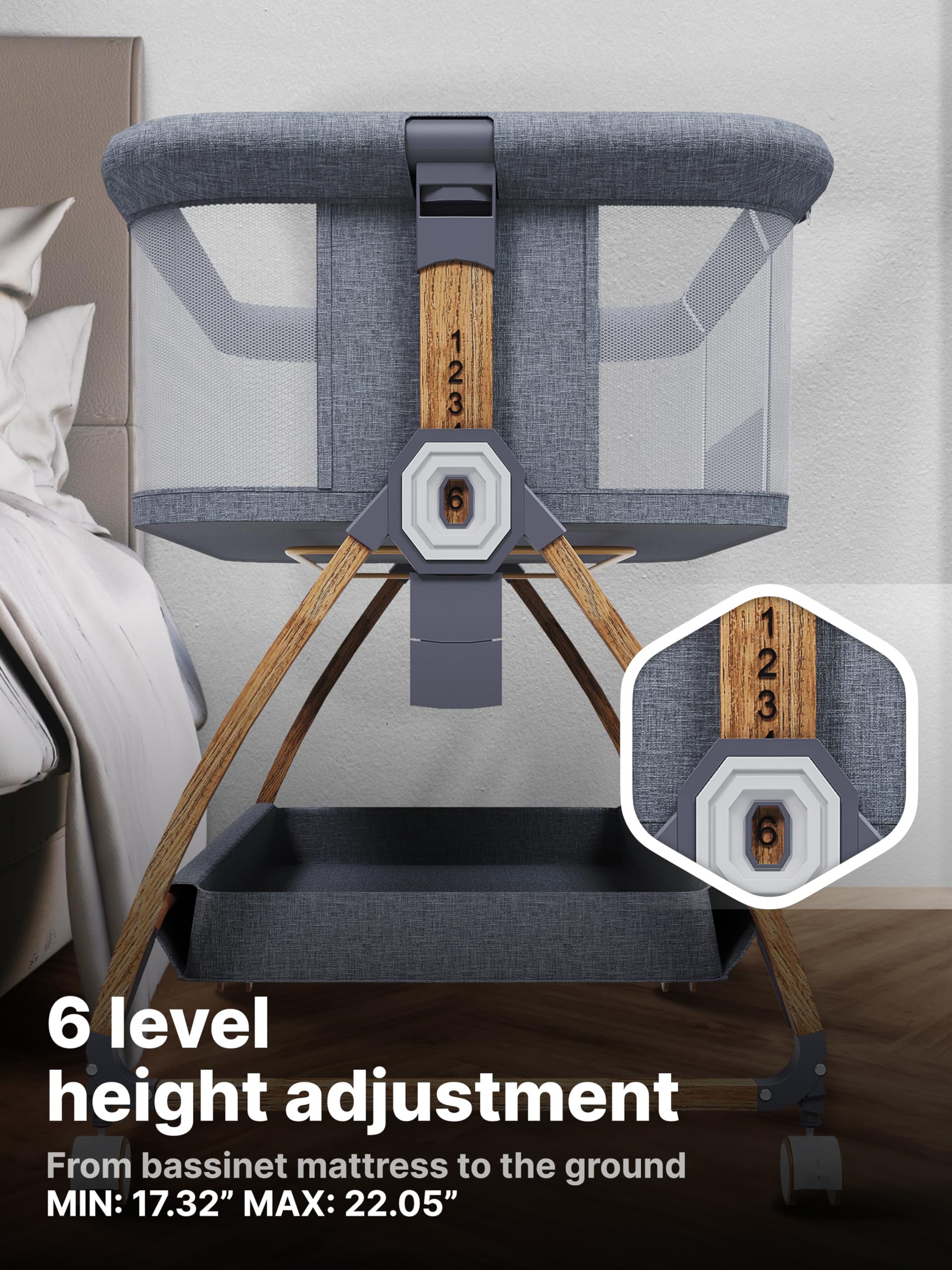 Earth&ME Bedside Bassinet for Baby – Portable Co-Sleeper Crib with Adjustable Height, Breathable Mesh Sides, Storage Basket, Mosquito Net (Wood Grain, Grey)