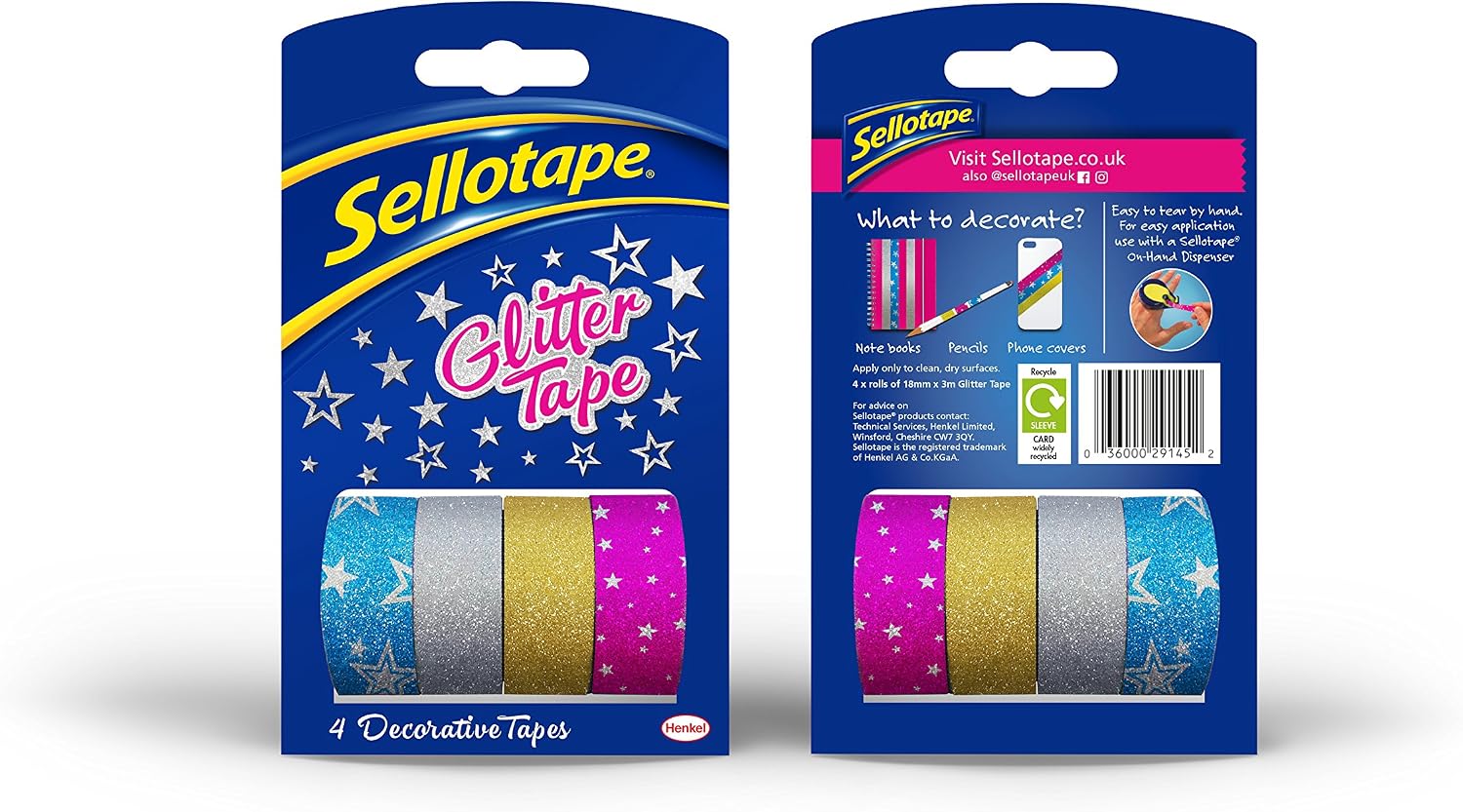 Sellotape Glitter Tape, 4 Rolls of Decorative Tapes, Compatible for Sellotape On-hand Dispenser, 18mm x 3m, 4 Colourful Tapes - Image 3