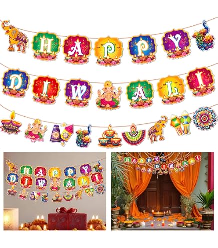 Diwali Dekorations-Set – 5 Hängebanner Mit „Happy Deepawali“, Rangoli-Farben, Für Party & Zuhause