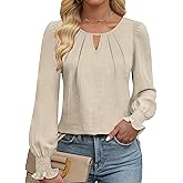 YZEGGO Womens Long Sleeve Tops Dressy Casual Keyhole Blouses Pleated Tops 2025 Trendy Basic Work Shirts