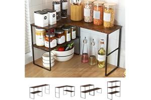 Golener Countertop Organizer Corner Shelf, 2 Tier Adjustable Stackable Corner Shelves for Kitchen, Bathroom, Spice Rack, Coffee Area, Over Sink, Dresser Table, Corner Counter Shelf Stand, Rustic Brown