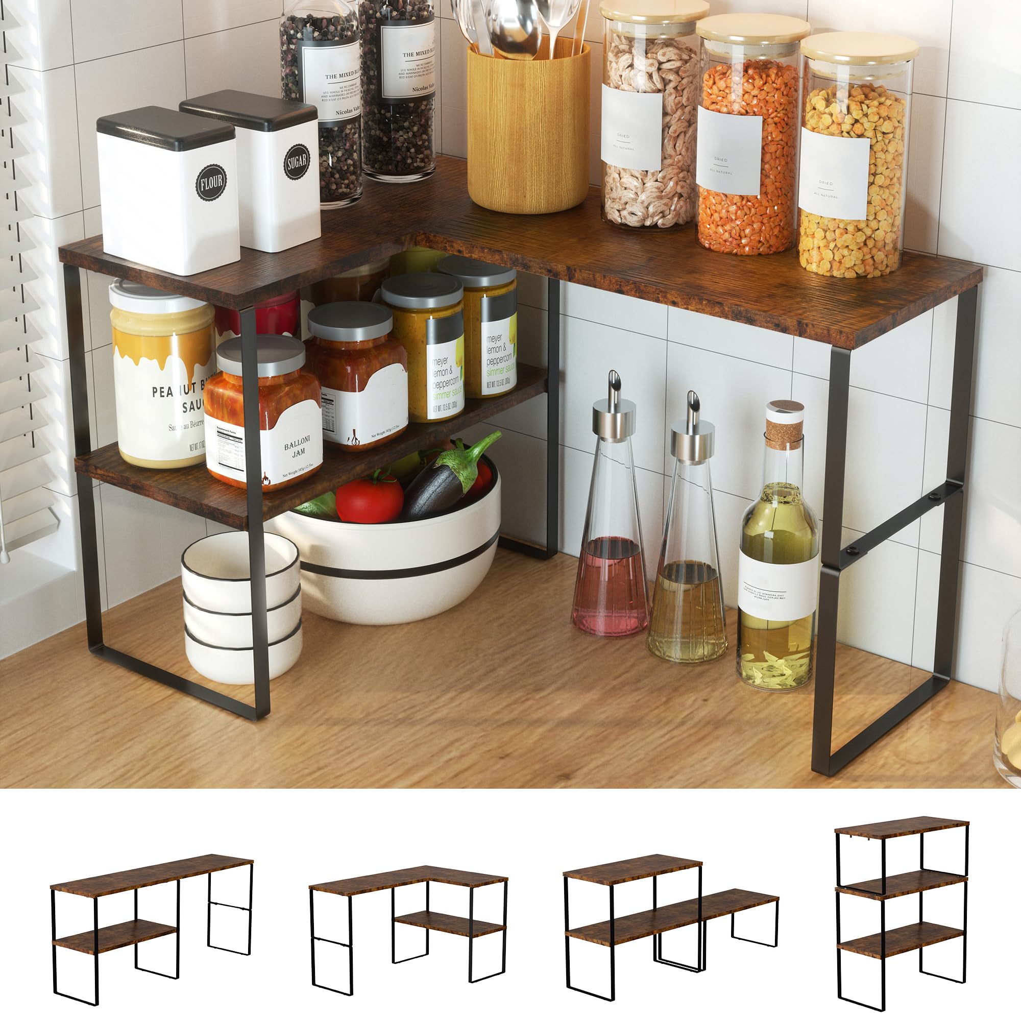 Photo 1 of Golener Countertop Organizer Corner Shelf, 2 Tier Adjustable Stackable Corner Shelves for Kitchen, Bathroom, Spice Rack, Coffee Area, Over Sink, Dresser Table, Corner Counter Shelf Stand, Rustic Brown