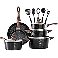 MAISON ARTS Pots and Pans Set Non Stick, 15 Pcs Non-Toxic Hammered Kitchen Cookware Sets, Black Granite Cooking Pot and Pan for Induction, Stovetop