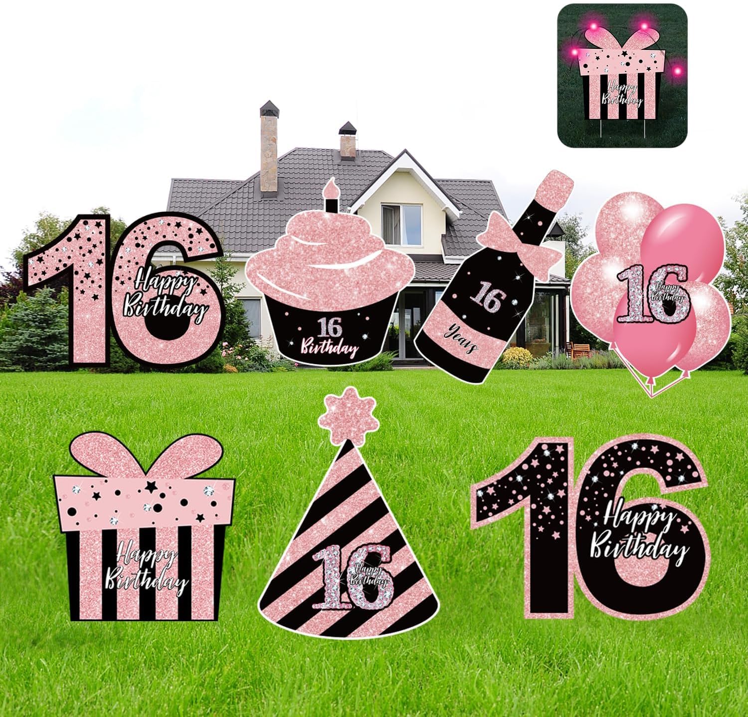 Yard Signs - ComboJoy Sweet 16 Birthday Decorations - 7PCS Black & Pink Sweet 16 Yard Signs with Stakes, 2PCS LED Lights, Sparkling at Night, Weatherproof, Perfect Outdoor Lawn Decorations