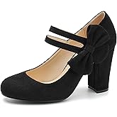 fereshte Women's Mary Jane Pumps with Bow, Double Strap, 3.54 Inch Chunky Block Heel Dress Shoes
