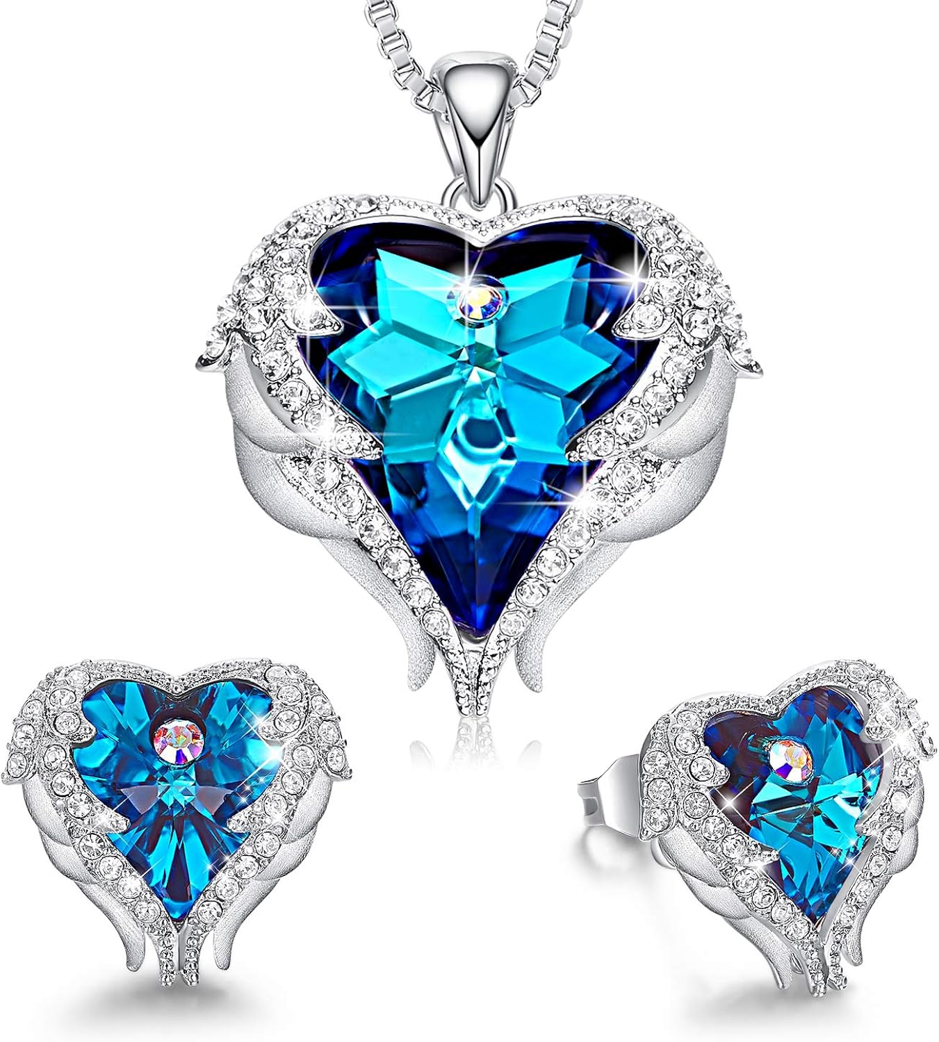 CDE Angel Wing Heart Necklaces and Earrings Mothers Day Jewelry Gifts Embellished with Crystals from Swarovski 18K White Gold Plated Jewelry Set for Women Mom