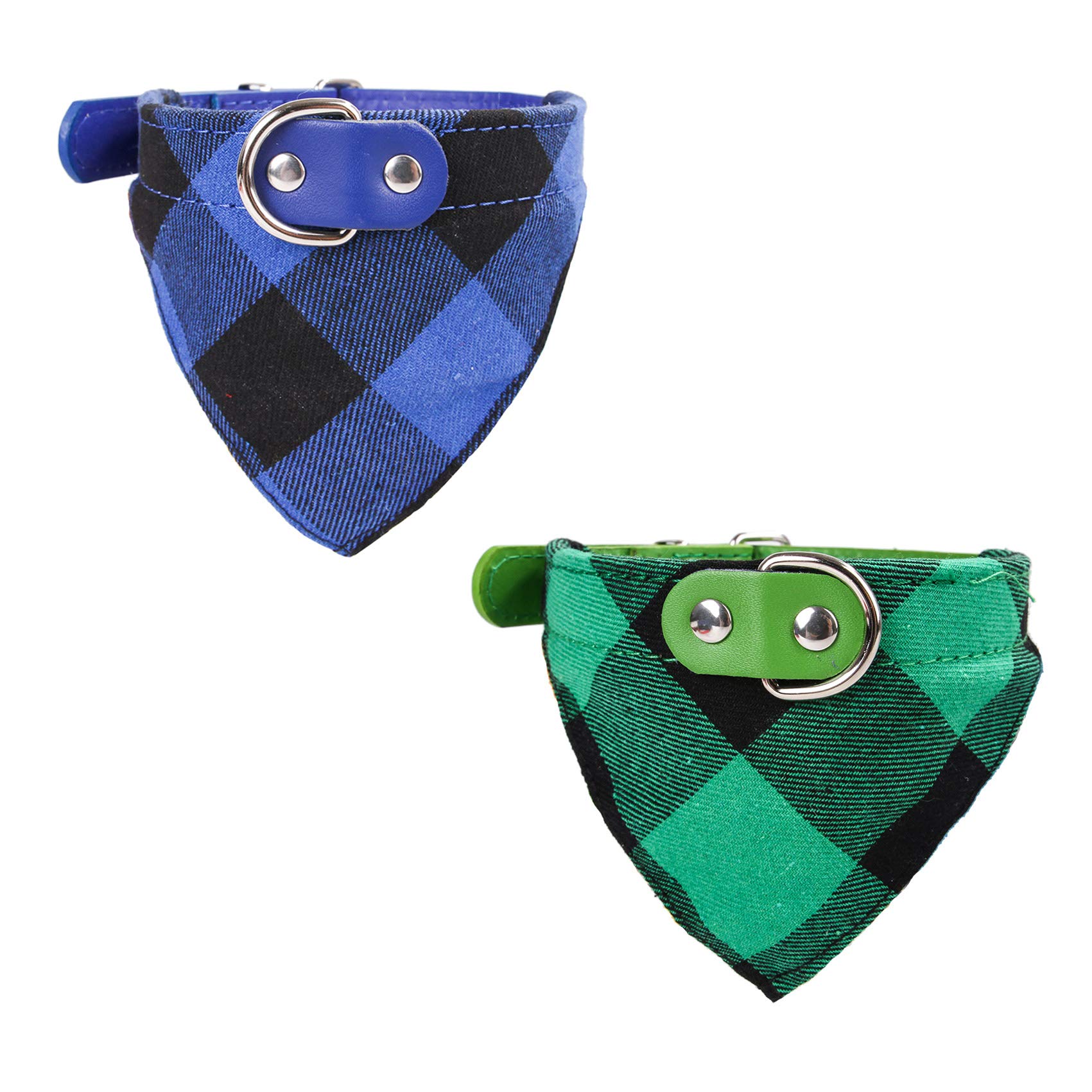 Newtensina 2pcs Plaid Dog Bandana Cute Puppy Neckerchief Adjustable Puppy Collar Scarf for Small Dogs - BlueGreen - L