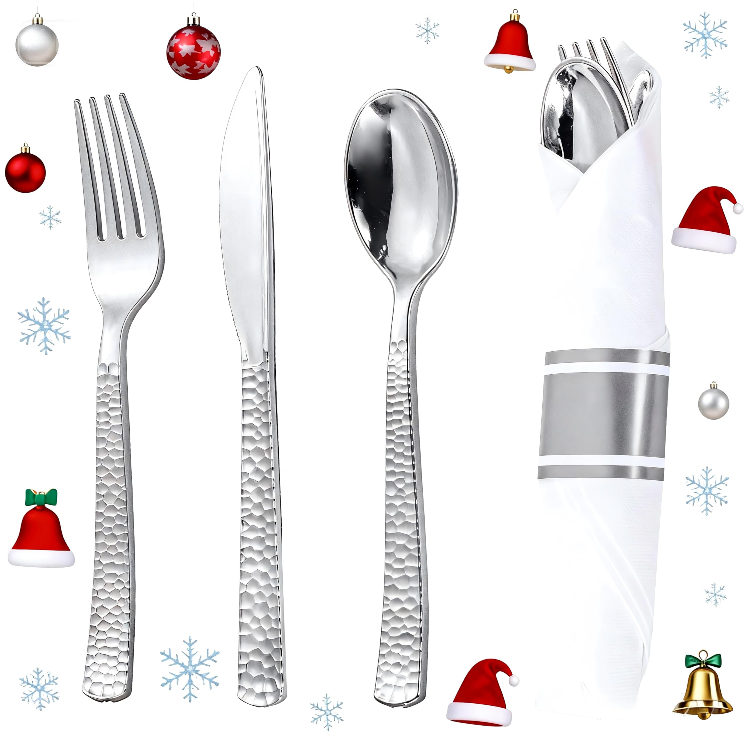 Photo 1 of WELLIFE 50 Pack Silver Plastic Silverware,Wrapped Silverware Set Disposable,Hammer Pattern Design,Includes:50 Forks, 50 Knives, 50 Spoons, 50 Napkins,Utensils Plastic Disposable for Christmas