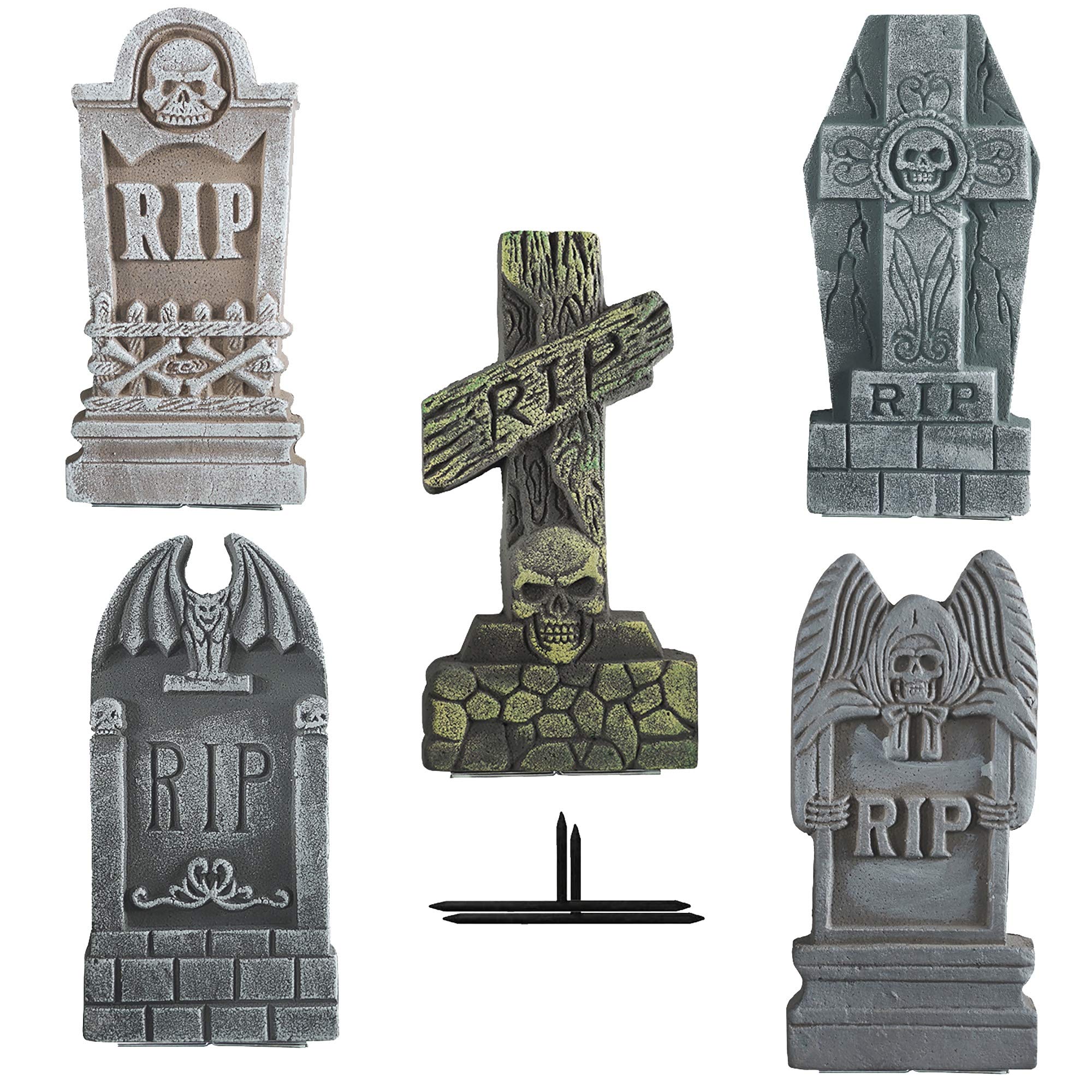 Photo 1 of FUNPENY Halloween Foam RIP Tombstones, 5 Pack 17" Headstone Decorations for Halloween Graveyard, Yard, Garden, Tombstone Decorations Outdoor