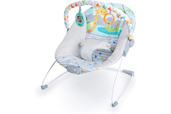 Bright Starts Baby Bouncer Soothing Vibrations Infant Seat - Removable Toy Bar, Nonslip Feet, 0-6 Months Up to 20 lbs (Safari