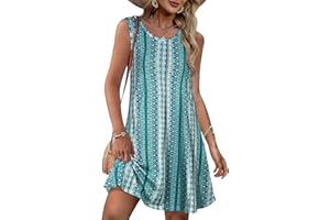 ELESCAT Summer Dresses for Women Beach Boho Sleeveless Vintage Floral Flowy Pocket Tshirt Tank Sundresses