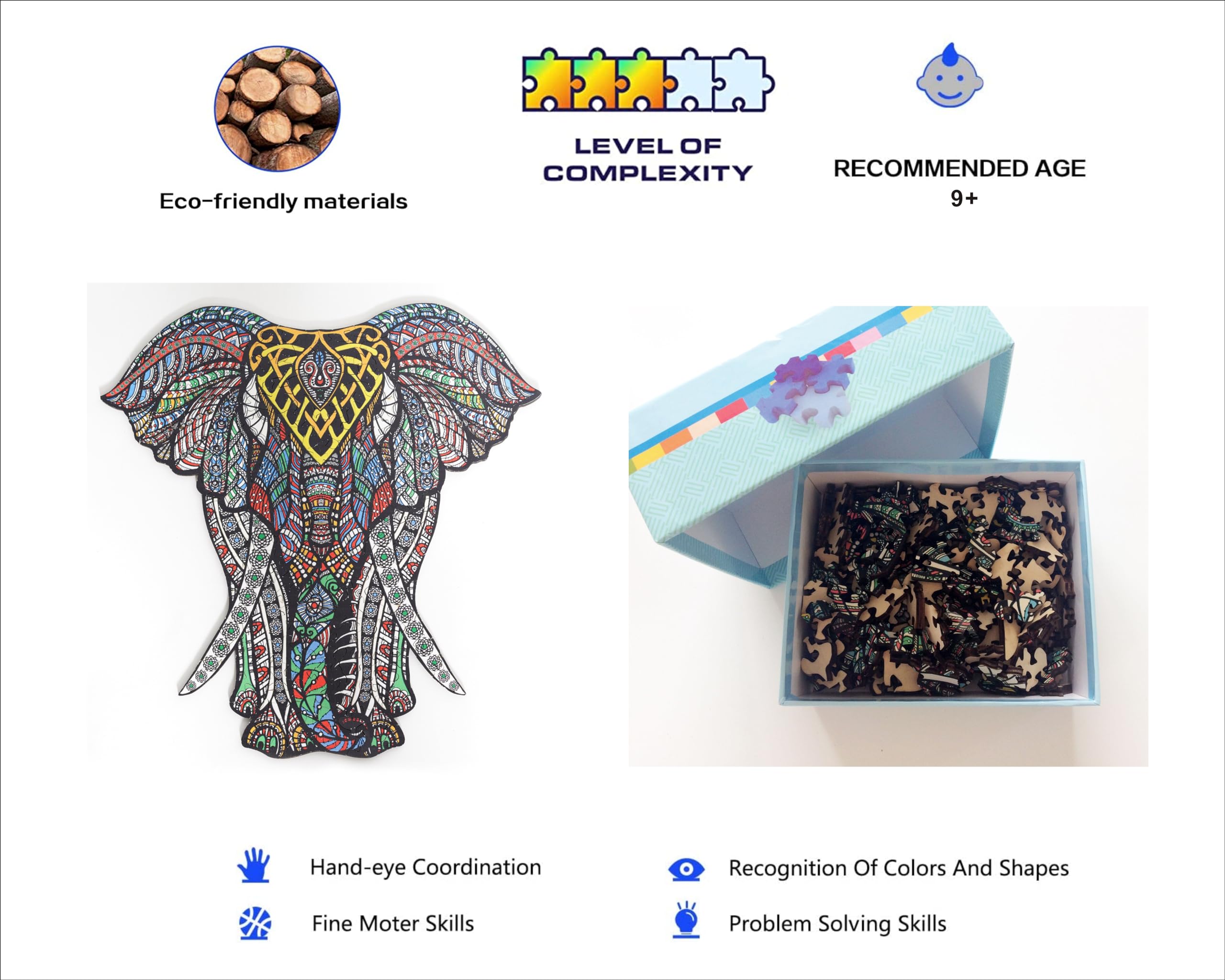 HARTMAZE Wooden Jigsaw Puzzles Decorative Elephant HM-06 Small Size Puzzle 171 Unique Shape Jigsaw Pieces-Beautiful Animal for Adults and 9 Years Age up Teens- Best for Family Game Play Collection.