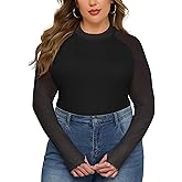 FOREYOND Plus Size Floral Mesh Tops for Women Mock Neck Long Sleeve Lace Sheer Shirts Slim Fitted Sexy Going Out Blouses