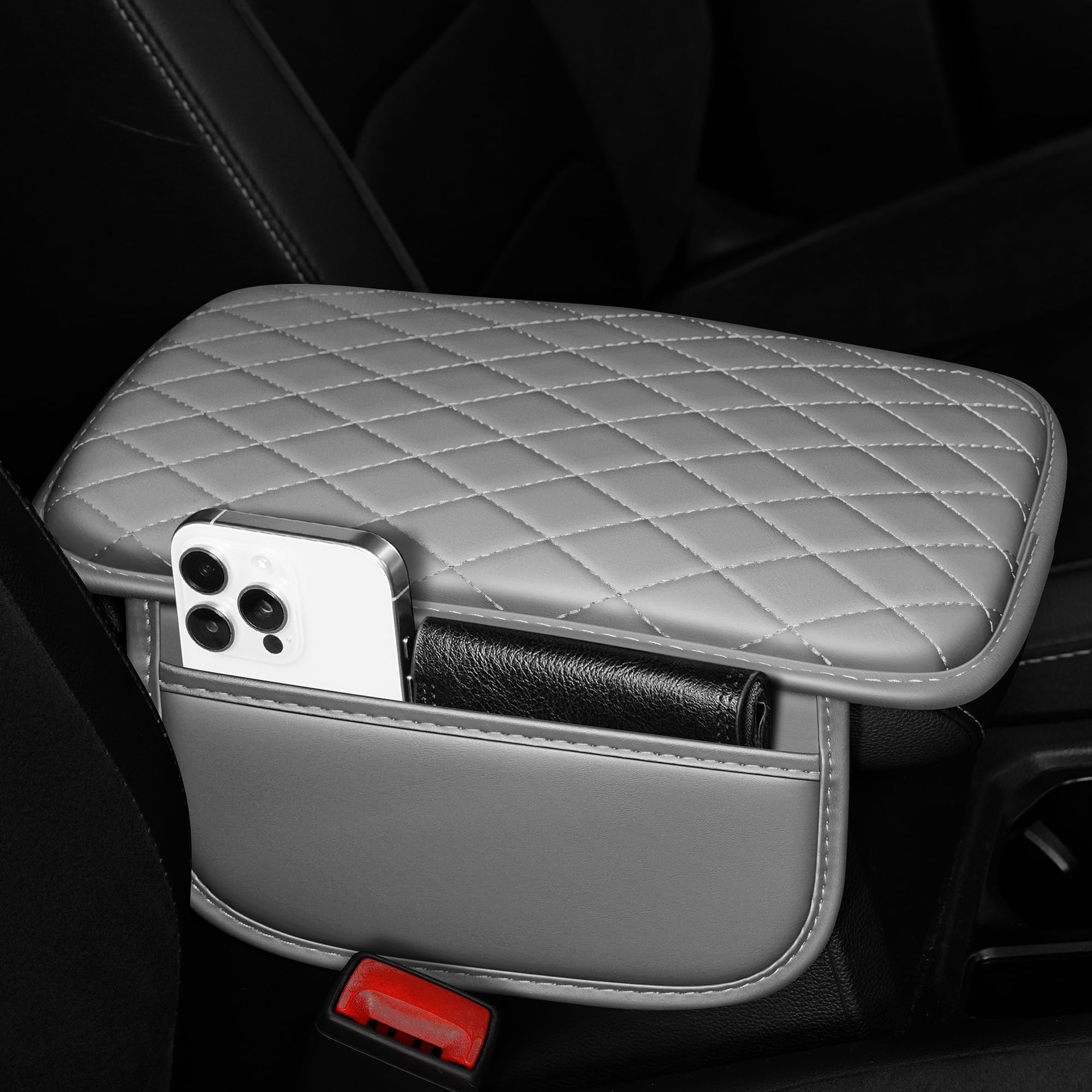 Photo 1 of DISUTOGO Upgraded Center Console Cover Fit for Kia Sportage Faux Leather Arm Rest Cushion with 2 Pockets Waterproof Vehicle Center Console Pad Protector(Grey&Whiteline)