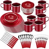Nuogo 48 Pcs Camping Dinnerware Enamel Mugs Plates Bowls Utensils, Red | Enamelware Camping Dishes, 12 oz Mugs, 10.5 in Plates ,6 in Bowls, Knife Fork Spoon Set, Outdoor RV Picnic Travel