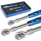 HOYETO 3PC Extendable Ratchet Wrench Set, 1/4" 3/8" 1/2" Drive, 72-Tooth | Premium TPR grips and custom EVA foam tray offer superior comfort and organization. The 72-tooth 5&deg; arc manual drive excels