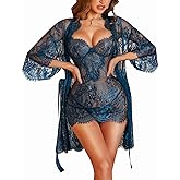 RSLOVE Lingerie Sets for Women Sexy - 3 Piece Babydoll Lace Kimono Robe Chemise Nightwear Exotic Sleepwear Mesh Nightgown