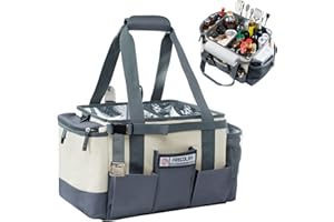 FRECOLSH Large Grill Caddy - BBQ/Tailgating Accessories, Insulated Condiment Holder - Camping, Picnic, BBQ, Tailgating, Family Gathering - Ivory-Grey, 1 Gallon, 16"W x 11"D x 11.5"H