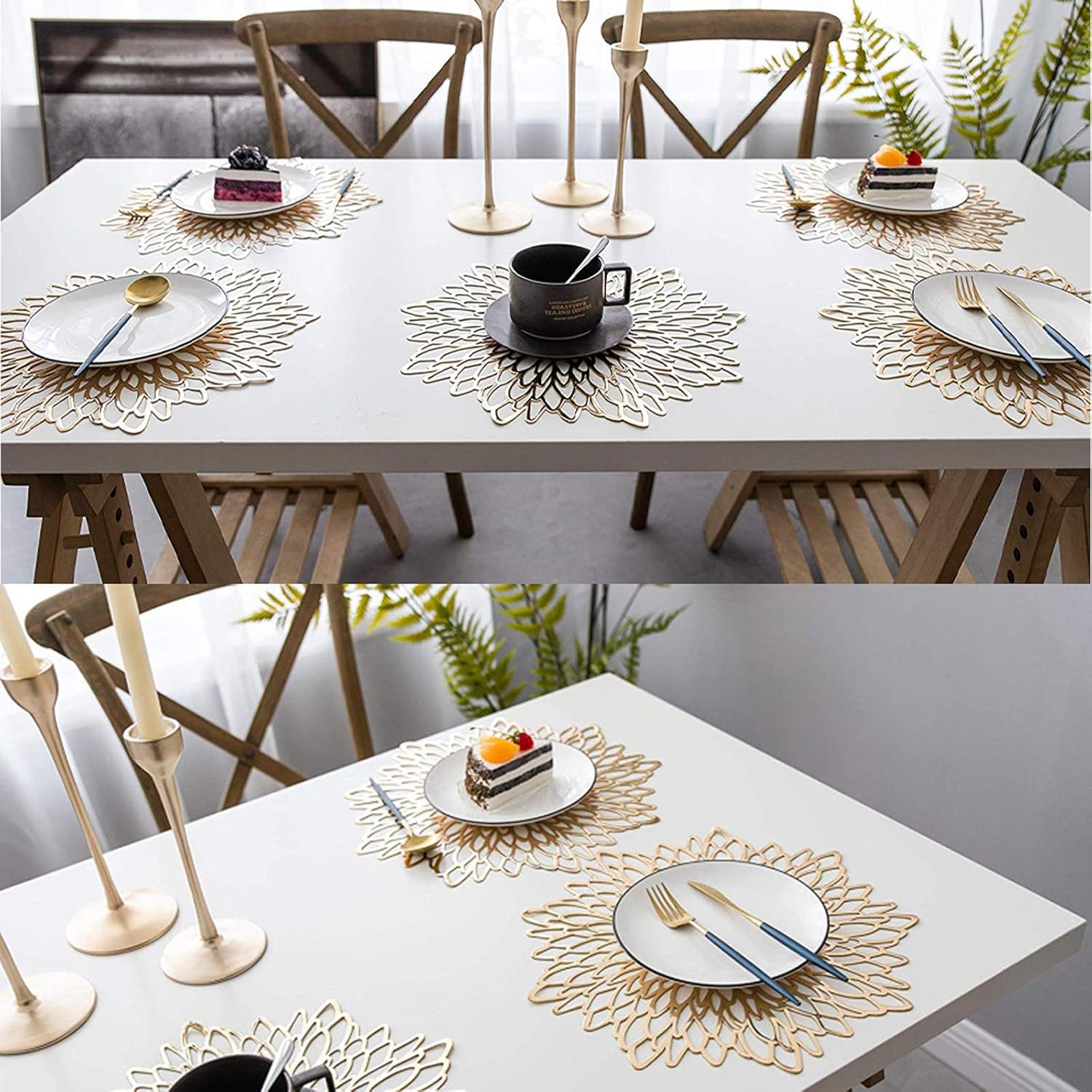 Gold Placemats and Table Mats Sets, Washable Hollow Round Place Mats for Kitchen Table Heat Resistant PVC Table Mats for Dining Table Christmas, Wedding, Restaurant, Hotel,15.5inches (Sets of 8) - Image 4