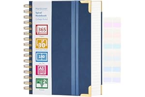 AMANPLE Spiral Notebook, 365 Page Hardcover Leather Notebook Journal, Large A5 Lined Journal for Women Men, College Ruled Notebooks for Work School, Journals for Writing, 24pcs Index Tabs, 5.5" x 8.5", Blue