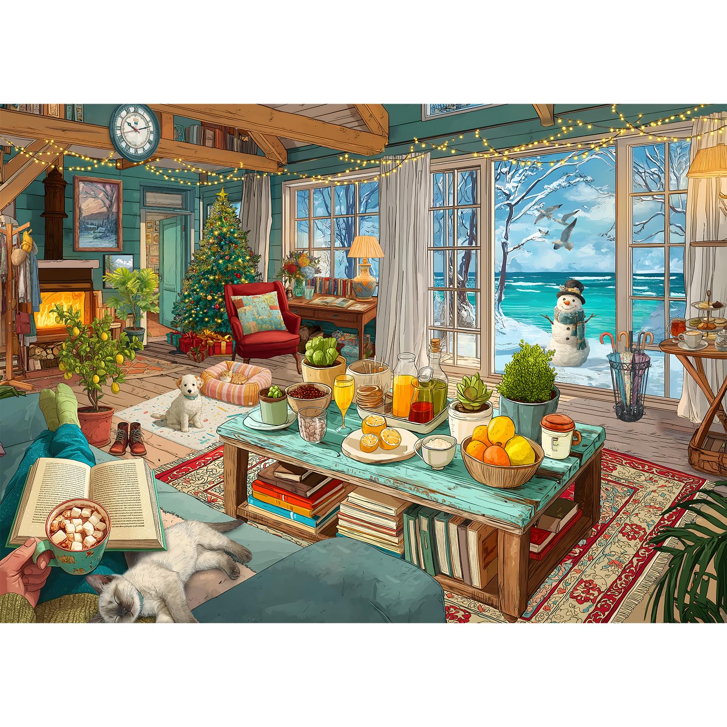 Photo 1 of Winter Puzzles for Adults 1000 Pieces, PICKFORU Beach Cottage Jigsaw Puzzle, Cozy Puzzles Snowman Cat Dog Nature Scenic
