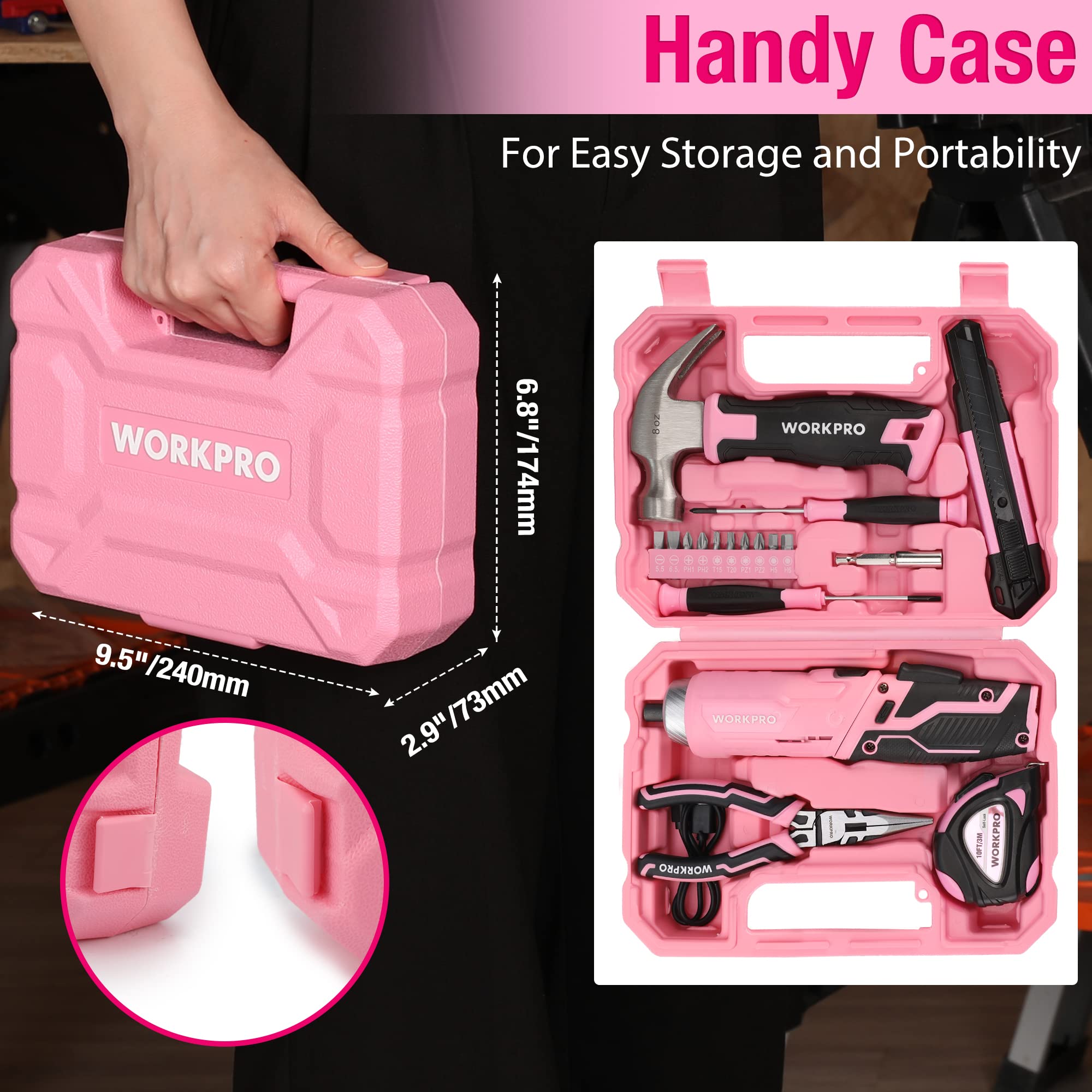 WORKPRO Werkzeugset Rosa pink 18 tlg. mit USB C Akkuschrauber klein, pinker Werkzeugkoffer gefüllt Haushalt, Werkzeugsatz für Heimwerker, Kinder, DIY Bastelei 4