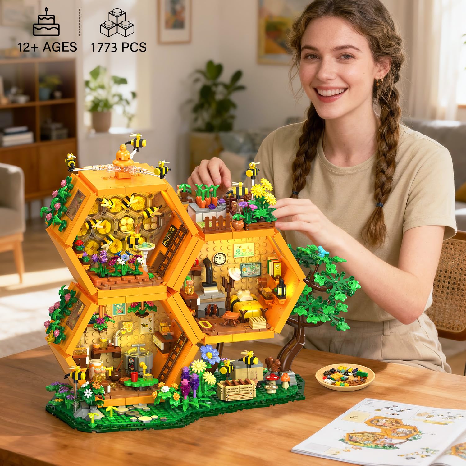 INSOON Bienen Bauernhof Haus Bauset mit Licht für Erwachsene Mädchen 12+ 3