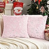 HAUSSY Christmas Throw Pillow Covers 18x18 Set of 2, Soft Faux Fur Pillow Cases Cute Decorative Snowflake Glitter Printed Winter Cushion Case for Xmas Home Decor,Couch Bed,Living Room,Pink