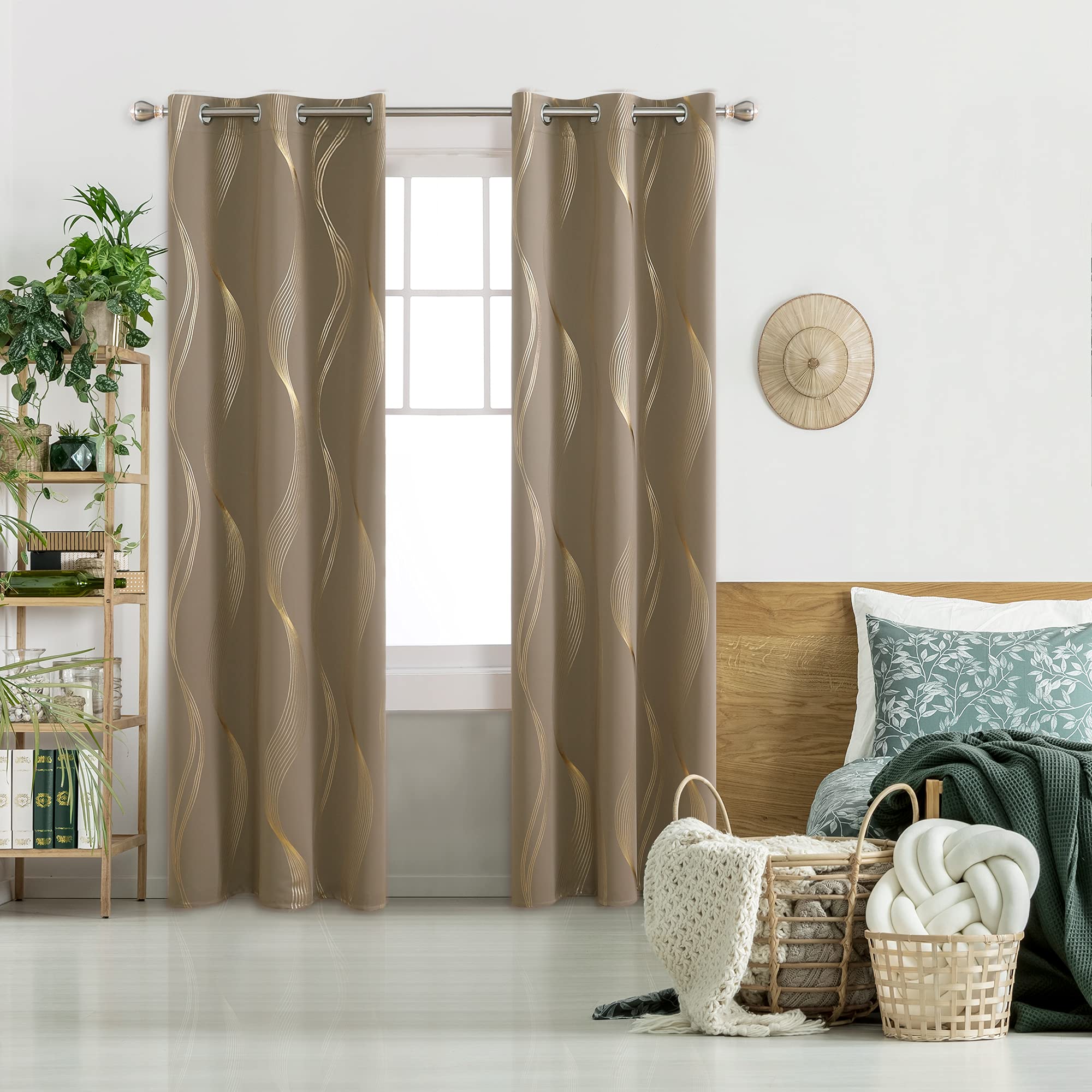 Deconovo Blackout Curtains - Thermal Insulated, Noise-Reducing Window Drapes for Bedroom, Living Room - 2 Panels, Khaki/Wave, 42W x 84L Image
