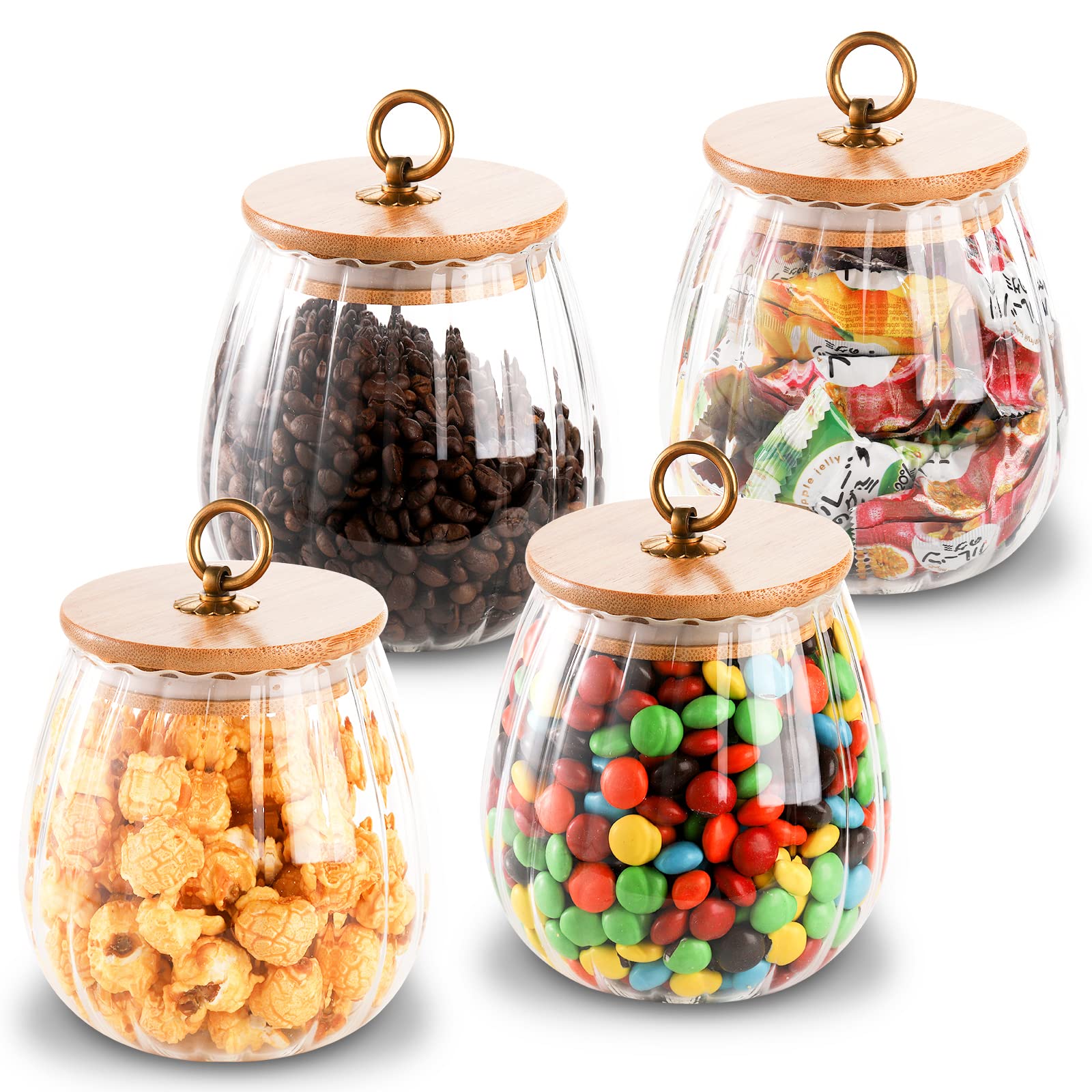 Photo 1 of Frcctre 4 Pack 25 Oz Glass Airtight Storage Jar Glass Canister with Bamboo Lid, Decorative Petal Storage Container with Metal Handle for Dry Food, Tea, Cookie, Candy, Sugar, Nuts