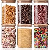 YUNCANG Glass Storage Jars 6 Pack 37oz Clear Glass Food Storage Containers with Airtight Bamboo Lid Stackable Kitchen Canisters for Candy,Cookie,Rice,Sugar,Flour,Pasta,Nuts and Spice Jars(Square)
