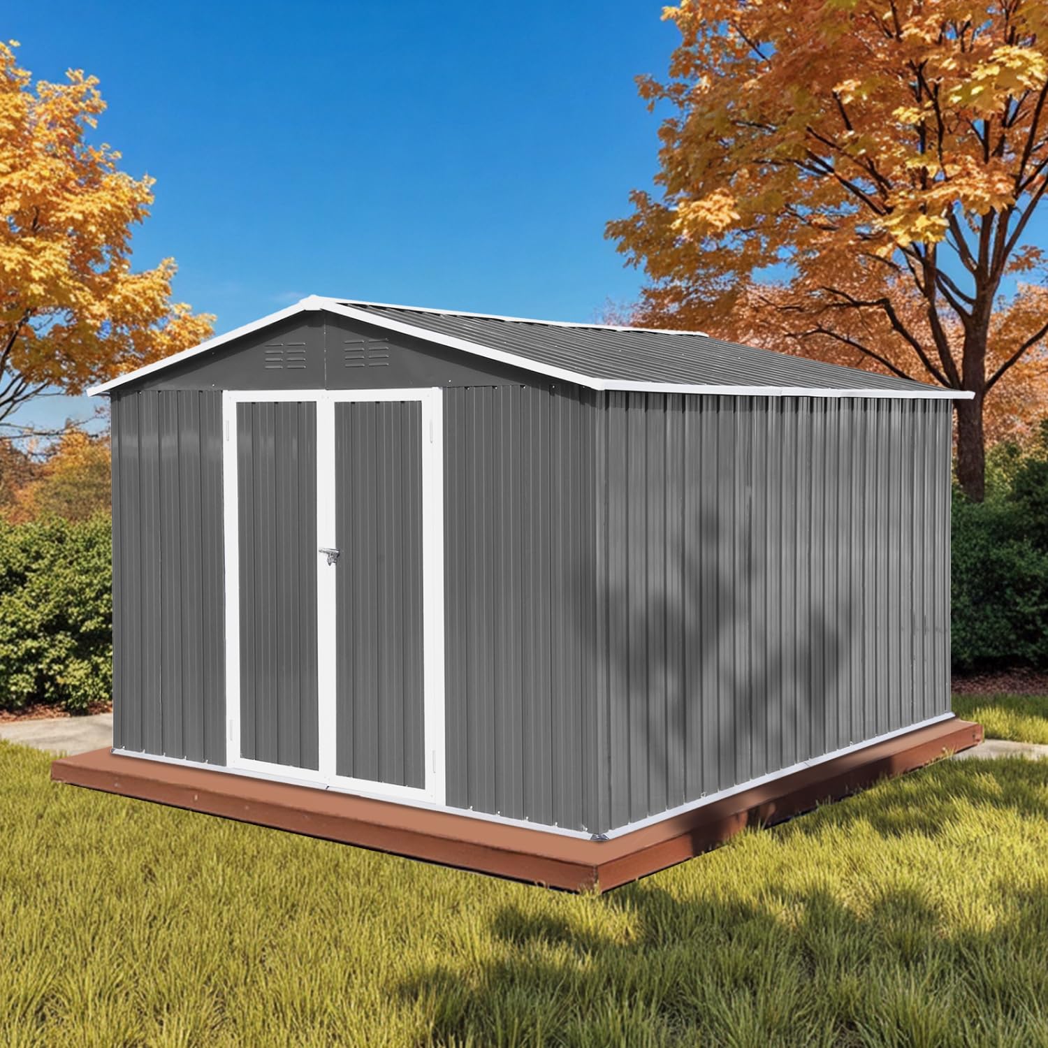 Photo 1 of 10' x 8' XL Outdoor Storage Shed, Sturdy Metal Building w/Lockable Doors for Garden, Backyard, Poolside and Lawn, Grey