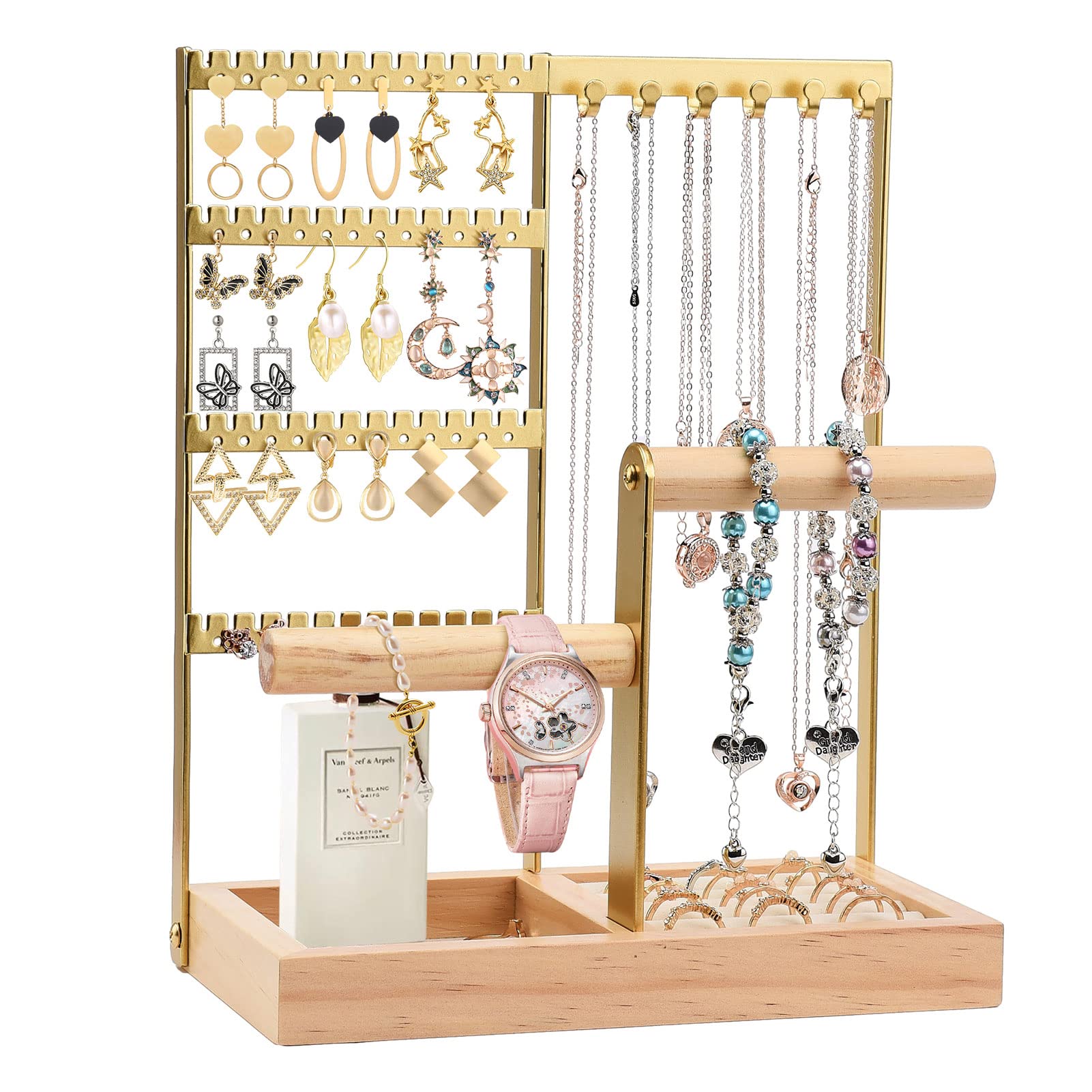 BestAlice Jewelry Organizer Stand Necklace Holder, 4 Tier Jewelry Tower Rack with 6 Hooks Necklace Organizer, Jewelry Stand with Earring Tray and Holes for Rings Watches (A, Gold)