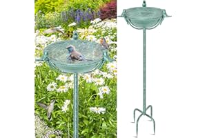 YALINKA 58In Freestanding Birdbaths Bowl Outdoor, Free Standing Garden Bird Bath Feeder Bowl with 3 Bird Statues, Birdbath & Birdfeeder with Metal Stake Garden Yard Lawn Decor (Retro Green)
