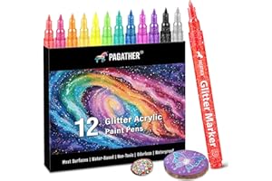 PAGATHER 12 Colors Glitter Markers, 0.7mm Extra Fine Tip Sparkling Acrylic Paint Pens for Crafts, Adult Coloring, and DIY Projects on Paper, Rock, Wood, Glass and Fabric
