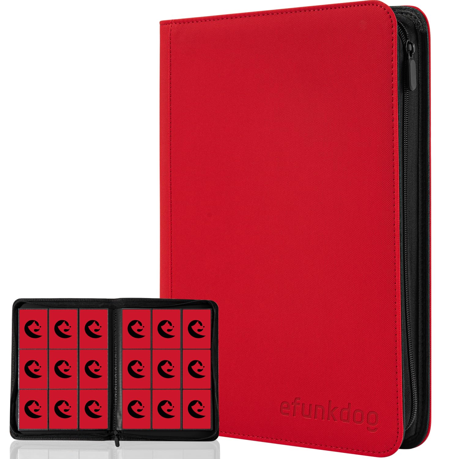 efunkdog Trading Card Binder, 9 Pockets Card Album Folder, 360 Side Loading Pocket PU Cover with Zipper Binder for TCG, Sport Cards (Red)