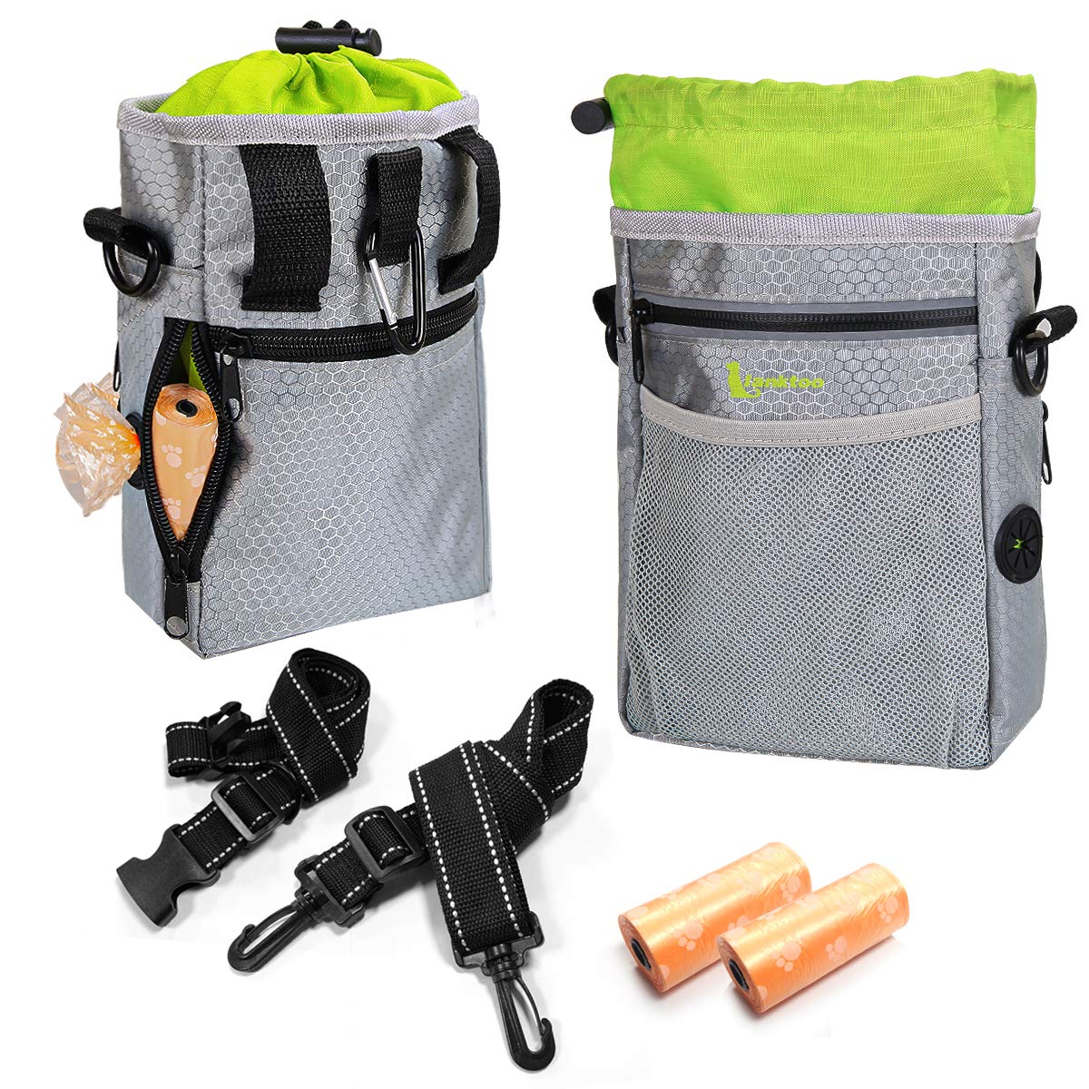 lanktoo Dog Treat Pouch Bag with Poop Bag Holder, Waterproof Puppy Training Walking Bag W/Shoulder Strap, Waist Belt and Clip, Easily Carrying Dog Toys, Food (Grey+Green)(Grey+Green)