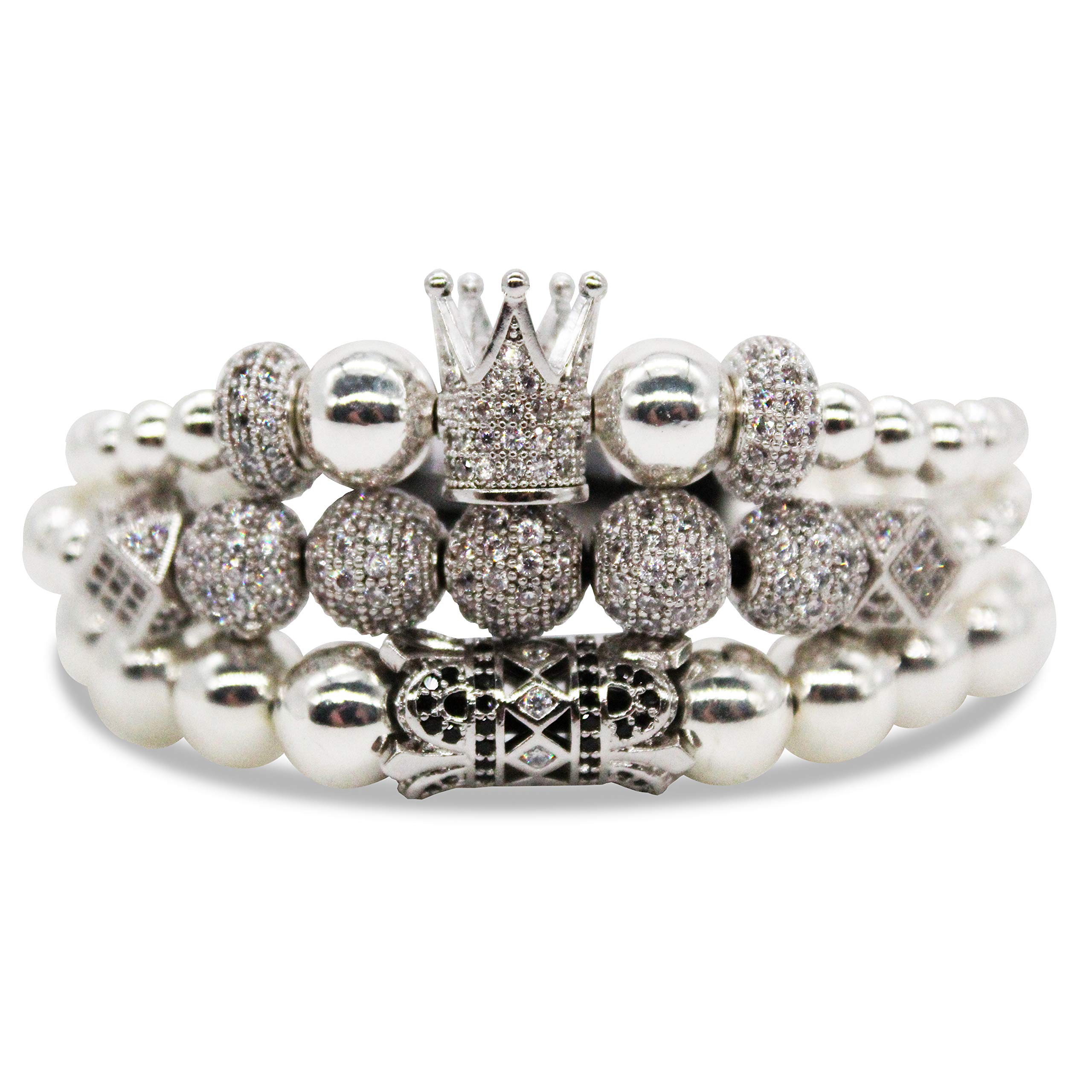 Cutenation Imperial Crown King 18K Gold CZ Beads Bracelet Luxury Charm Fashion Bangle for Men Women (B Silver)