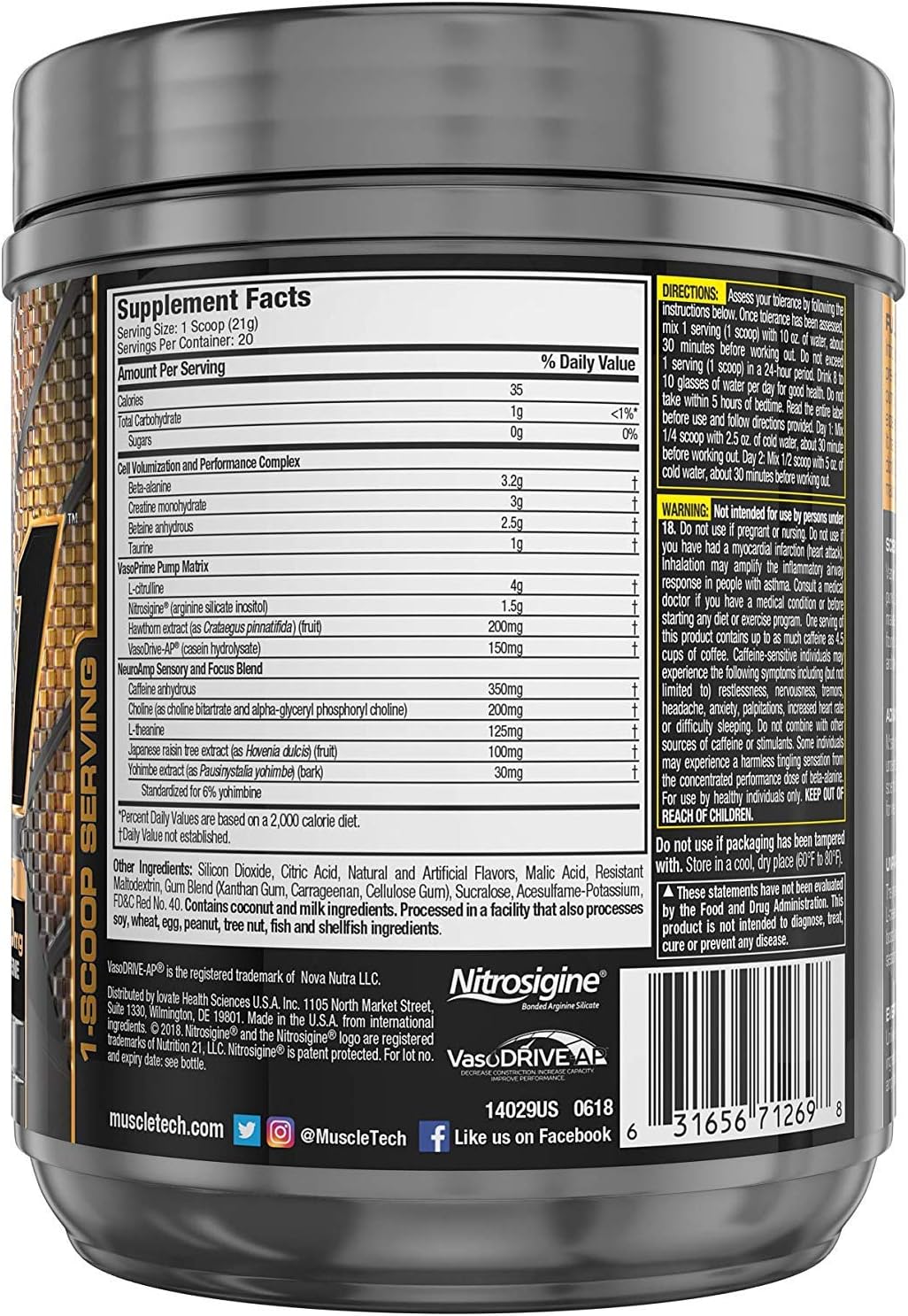 Muscletech Vapor One Pre Workout Powder, One Scoop Formula with Betaine HCL, Creatine and Beta Alanine to Boost Energy & Amplify Muscle Building, Rainbow Fruit Candy, 20 Servings (14.8oz): Health & Personal Care