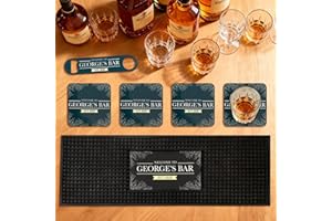 UIDMEN Personalized Bar Mat Set, Custom Bar Name, Non-slip PVC Rubber Bar Mat, Cork Coasters, Bottle Opener, for Home Bar, Co